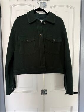 Cropped Dark Green Wool Button-Front Jacket